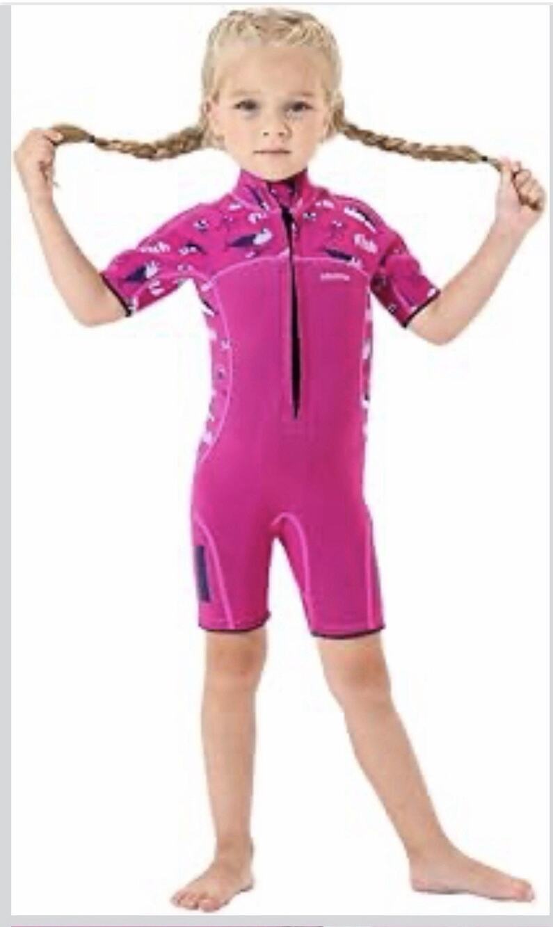 GoldFin Neoprene Shorty Wetsuit Hot Pink Sea Creatures Half Zip Girls 4 New